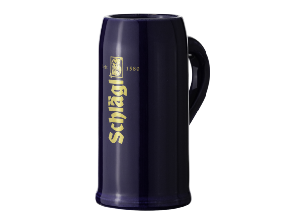 traditioneller Gerstenkrug in Blau mit Schlägl Logo