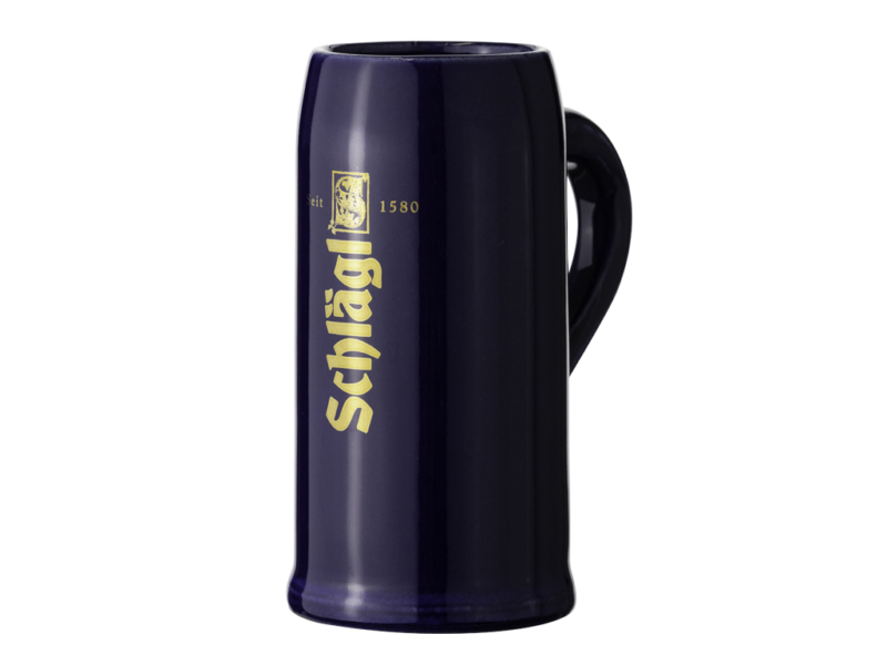 traditioneller Gerstenkrug in Blau mit Schlägl Logo